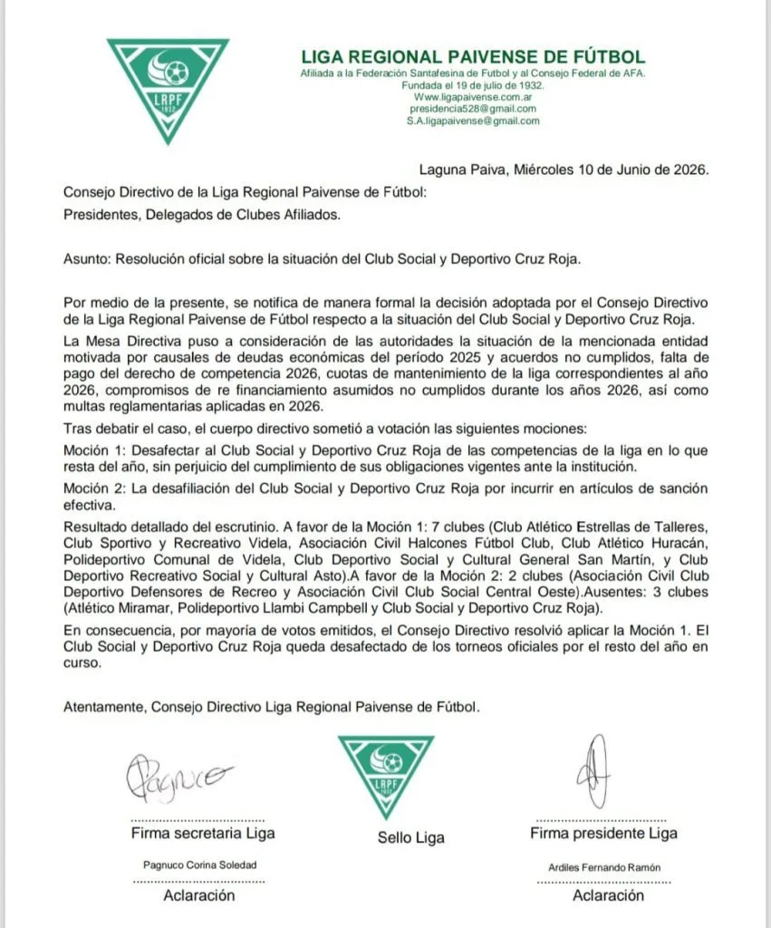 CRUZ ROJA DE RECREO FUE DESAFECTADO DE LA LIGA PAIVENSE Y NO PODRÁ COMPETIR DURANTE TODO 2026