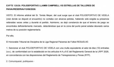 MULTA PARA EL POLIDEPORTIVO DE VIDELA POR NO CONTAR CON ALCANZA PELOTAS
