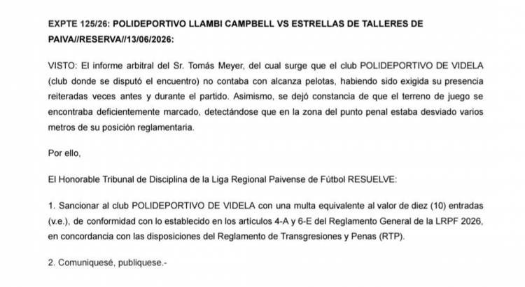 MULTA PARA EL POLIDEPORTIVO DE VIDELA POR NO CONTAR CON ALCANZA PELOTAS
