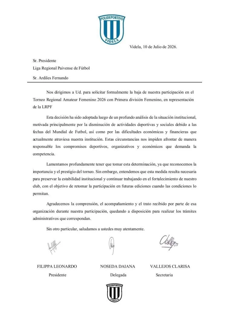Polideportivo Videla se baja del Torneo Regional Amateur Femenino 2026 por dificultades económicas