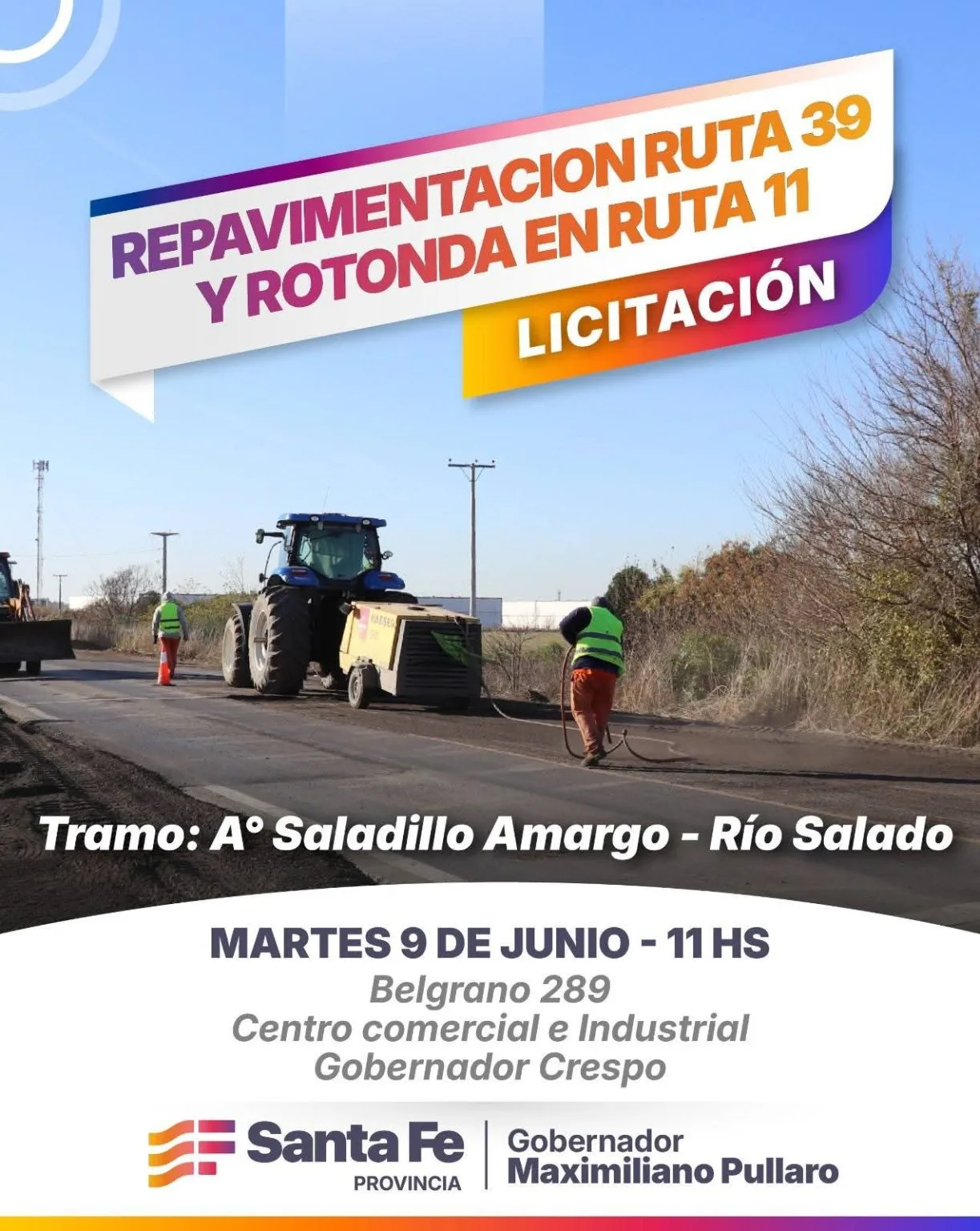 SE LICITA EL PRÓXIMO MARTES 9 LA OBRA DE REPAVIMENTACIÓN DE RUTA 39 Y ROTONDA EN EL ACCESO SUR A GOBERNADOR CRESPO.